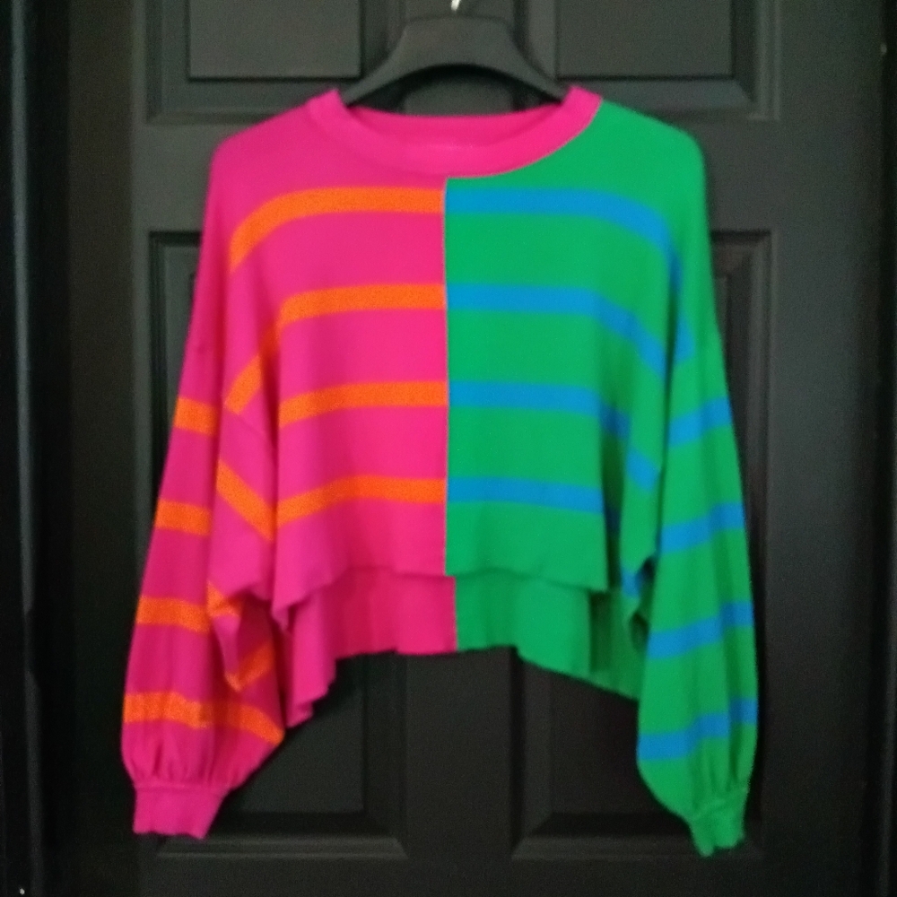 day + moon Sz. L Colorblock Cropped Striped Knit Sweater - Picture 5 of 15